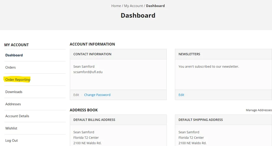 Image of the user account dashboard screen illustrating how to access the reporting page.