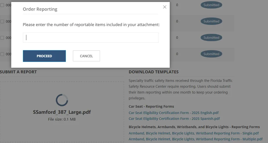 Detail of the Order Reporting screen after the document is uploaded demonstrating that the user must enter the number of reports being submitted.